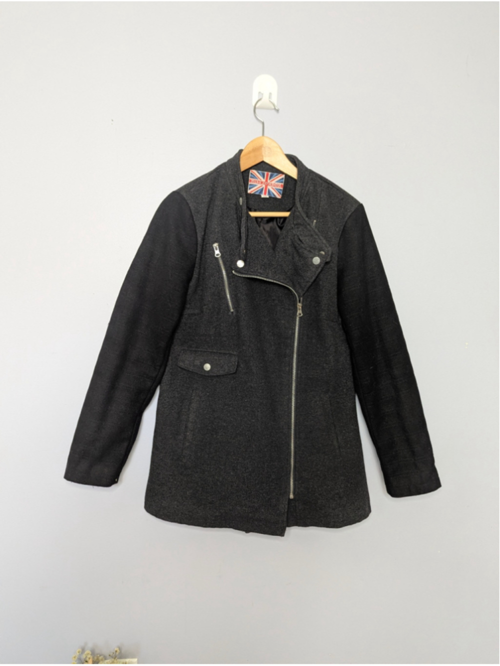 Miss London Wool Blend Mixed Media Longline Moto Biker Coat Jacket Grey L